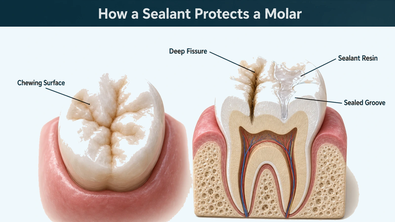 A molar shown twice: a top view of the chewing surface with deep narrow grooves, and a cutaway through those grooves showing one deep unfilled fissure beside one filled level with clear resin. Labelled: deep fissure, sealant resin, chewing surface and sealed groove.