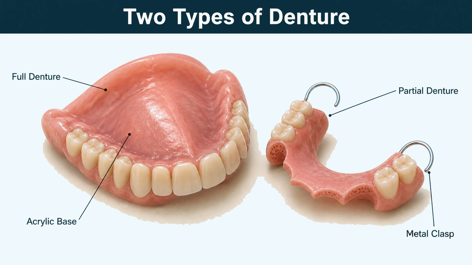 Two dentures side by side: a complete upper denture with a pink acrylic palate and full row of teeth, and a partial denture with fewer teeth and two metal clasps. Labelled: full denture, partial denture, acrylic base and metal clasp.