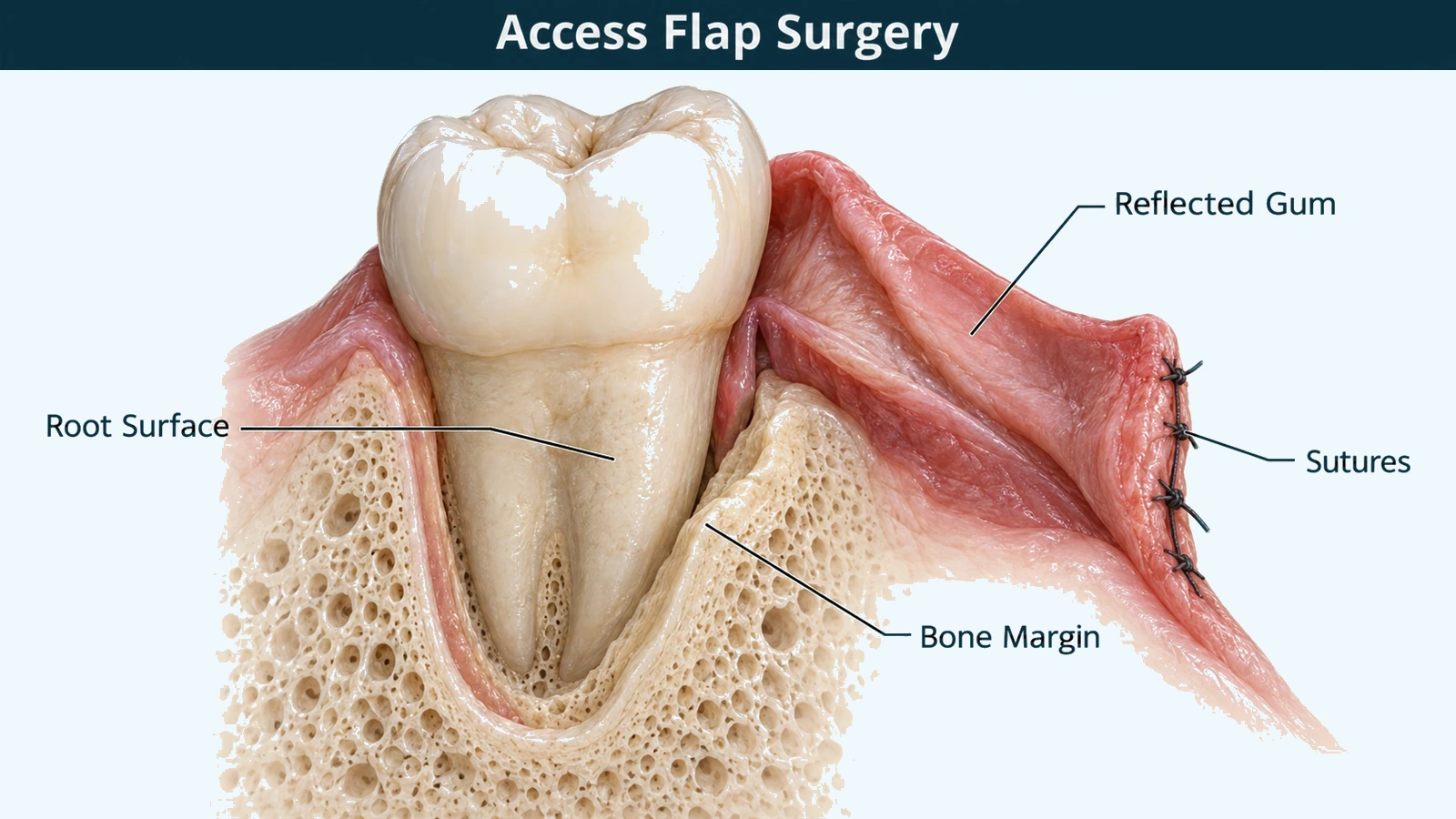 Cutaway of a lower molar in bone with the gum tissue on one side peeled back and folded away from the tooth, exposing the root surface and the crest of bone beside it, with fine stitches along the edge of the folded tissue. Labelled: reflected gum, root surface, bone margin and sutures.