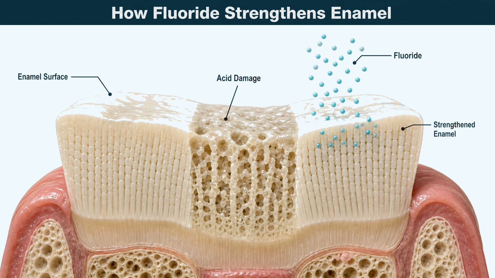 Highly magnified cutaway of tooth enamel in three bands: dense sound crystal structure, a roughened pitted surface where mineral has dissolved, and the same surface with the pits filled and structure dense again. Labelled: enamel surface, acid damage, fluoride and strengthened enamel.