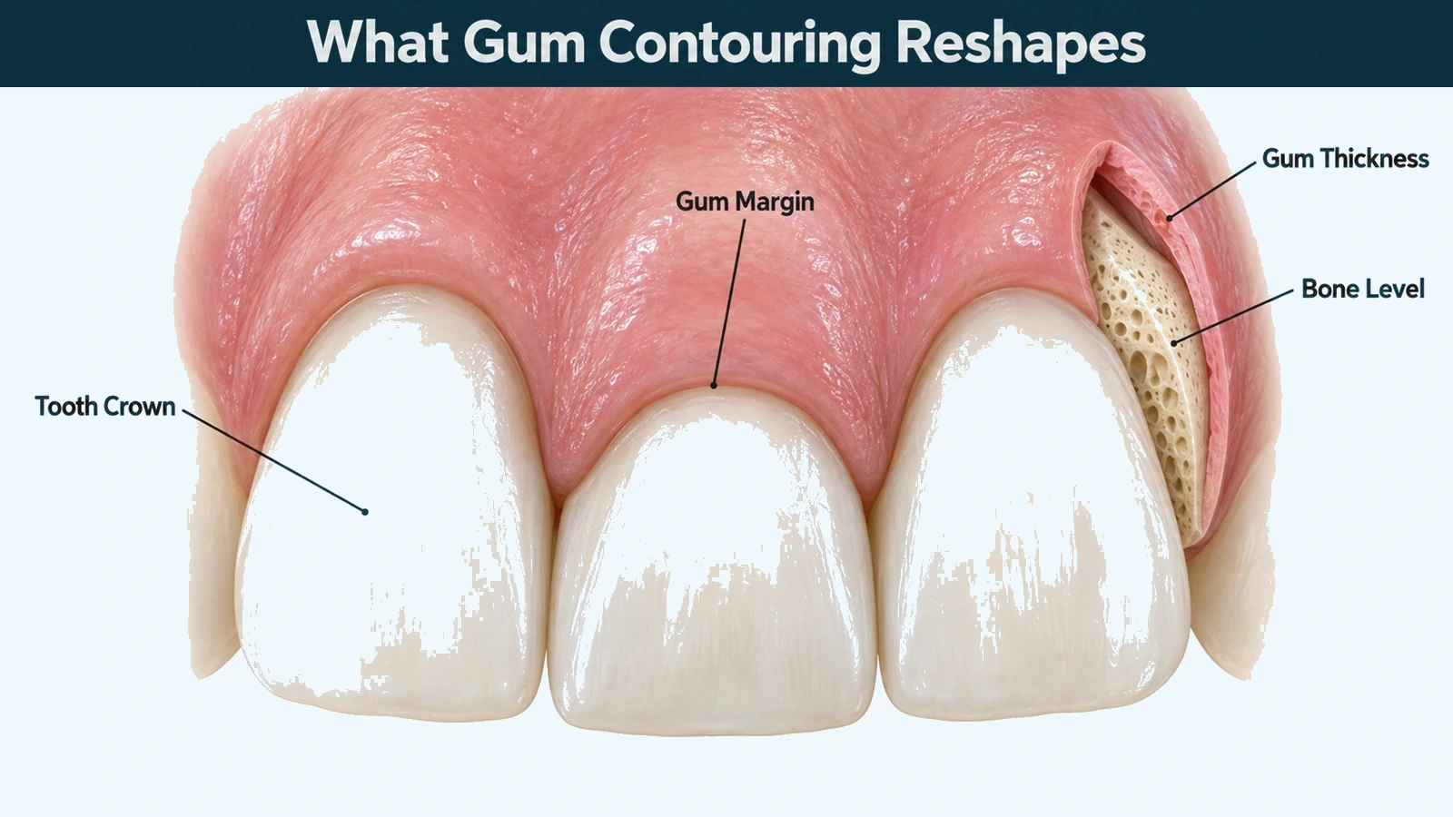Front view of three upper front teeth set in gum tissue, with the gum sitting lower over the middle crown than over the two either side, and a cutaway window at the right revealing the crest of bone against the root and the depth of the gum tissue. Labelled: gum margin, tooth crown, bone level and gum thickness.