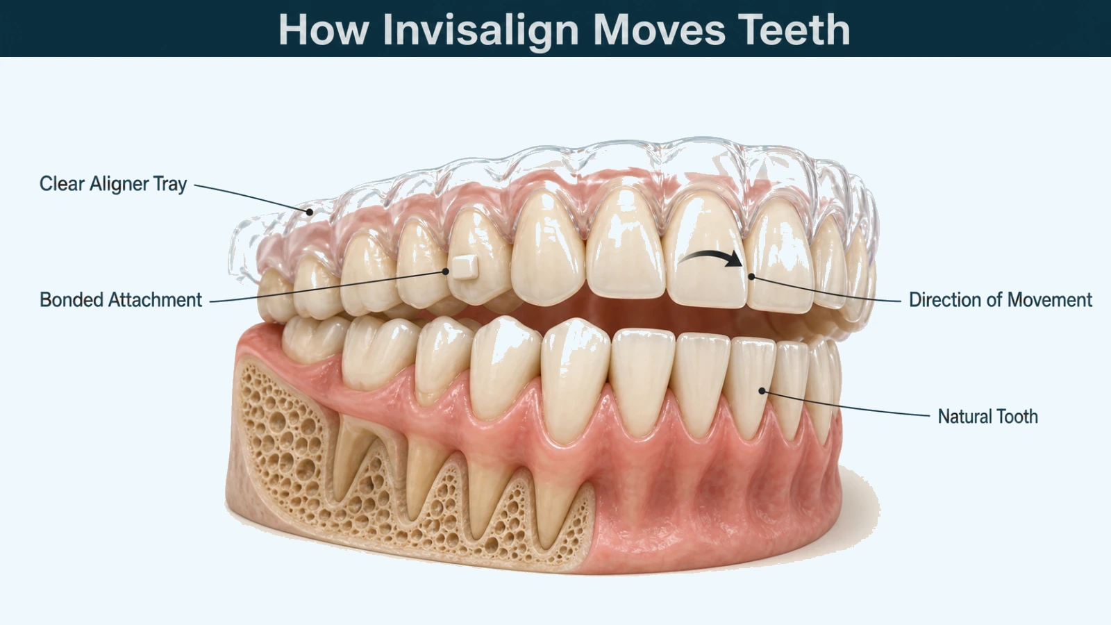 Illustration of upper and lower dental arches with a clear removable aligner tray over the upper teeth and a small tooth-coloured attachment bonded to a premolar. Labelled: clear aligner tray, bonded attachment, direction of movement and natural tooth.