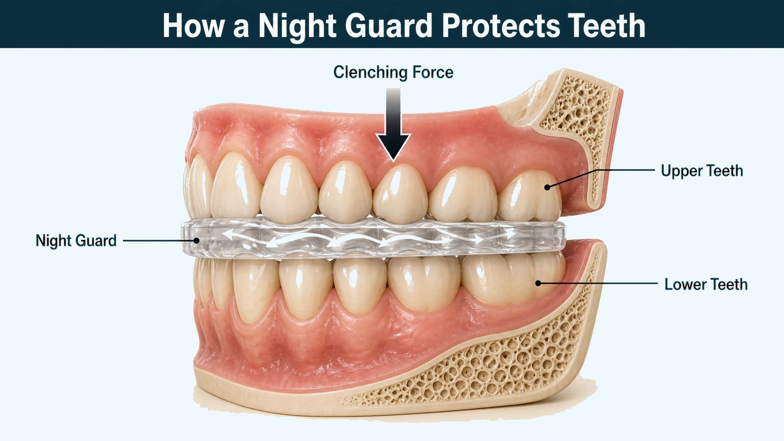 Side cutaway of upper and lower back teeth closed together with a clear flat guard separating the biting surfaces, and an arrow showing clenching force spread across it. Labelled: night guard, upper teeth, lower teeth and clenching force.