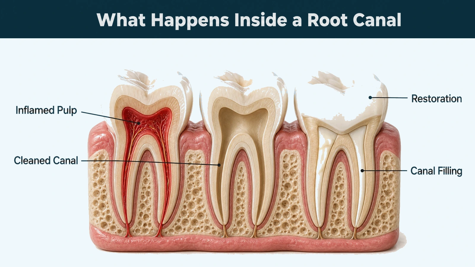 Three cutaway molars in sequence: one with an inflamed pulp chamber and canals, one with the canals hollow and clean, and one with the canals filled and a restoration on the chewing surface. Labelled: inflamed pulp, cleaned canal, canal filling and restoration.
