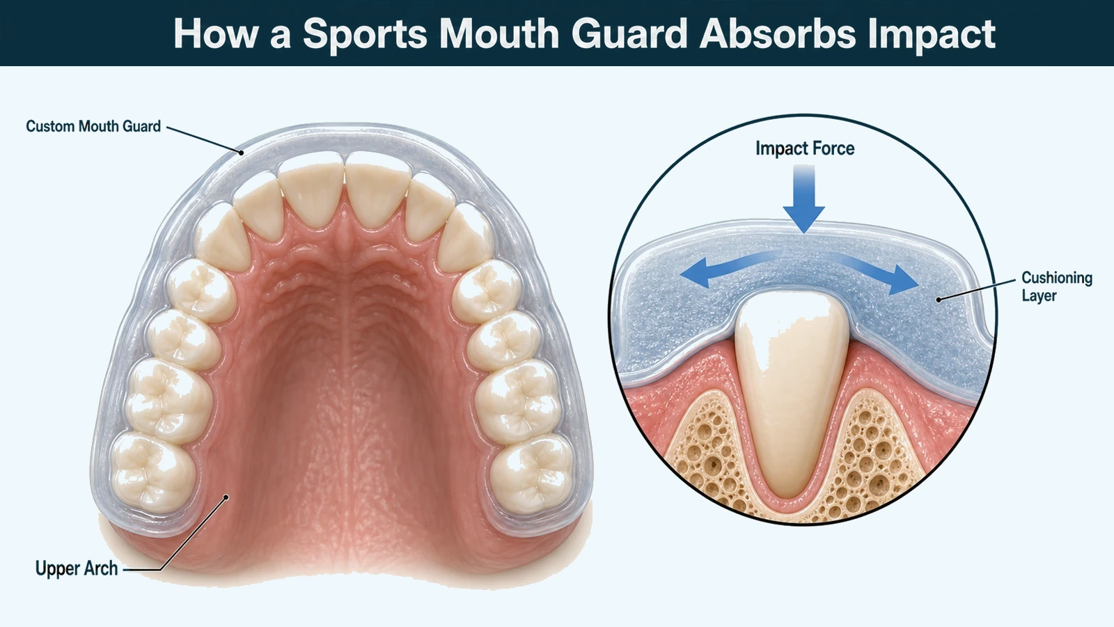 An upper dental arch wearing a thick custom mouth guard, beside a cutaway showing the cushioning thickness over tooth and gum with an arrow indicating impact spreading sideways. Labelled: custom mouth guard, cushioning layer, upper arch and impact force.