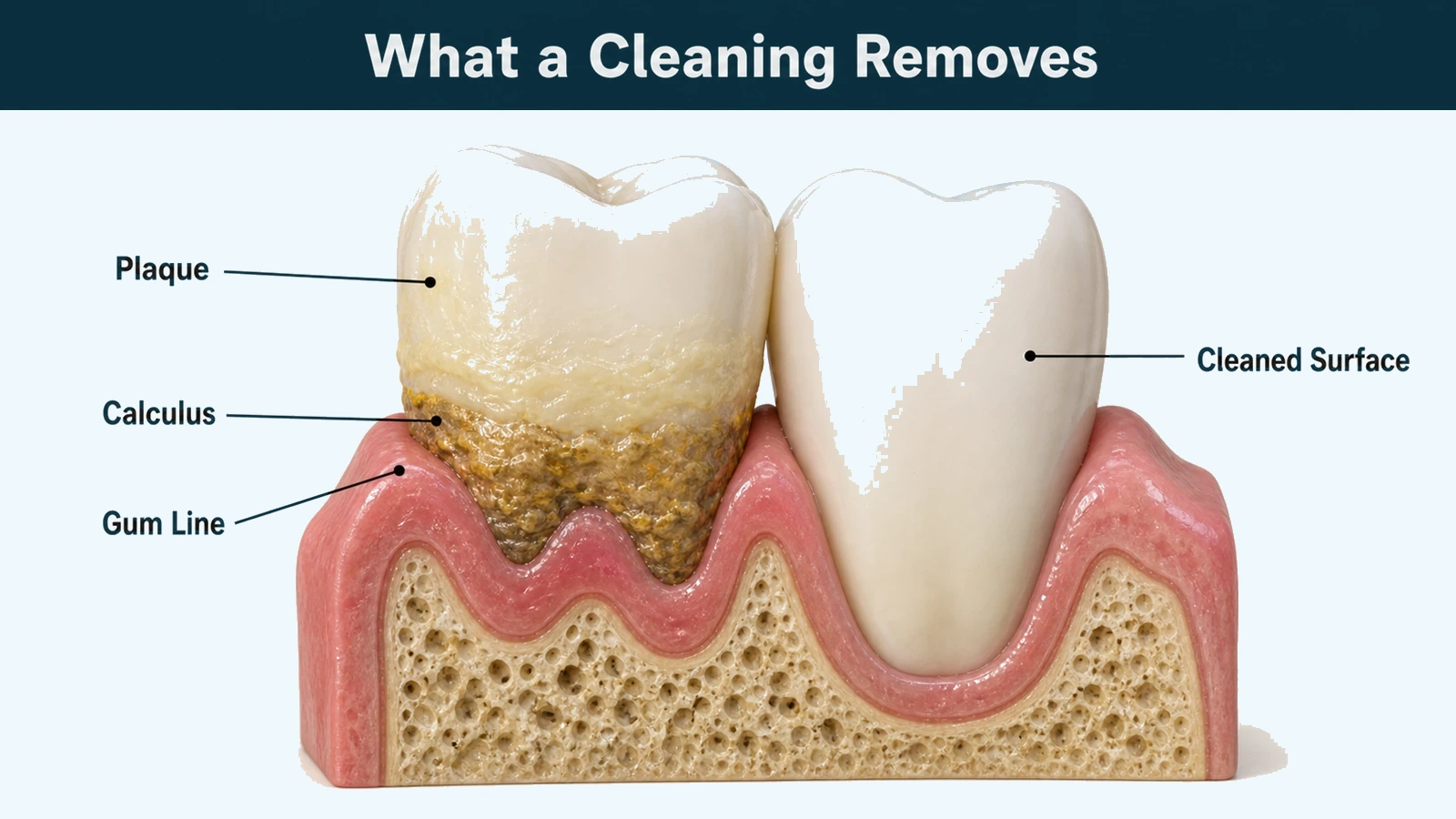 Magnified cutaway of two adjacent teeth at the gum line showing a soft film on the enamel above the gum and a hardened deposit extending below the gum margin, with one surface shown clean. Labelled: plaque, calculus, gum line and cleaned surface.