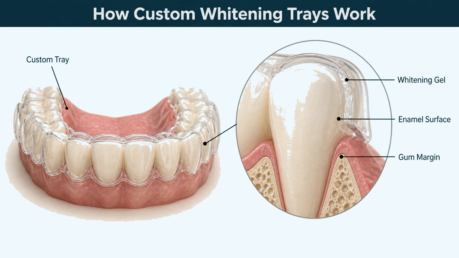 A lower dental arch wearing a thin transparent custom tray with a visible layer of gel between tray and teeth, beside a magnified cutaway of one tooth showing the gel against the enamel. Labelled: custom tray, whitening gel, enamel surface and gum margin.