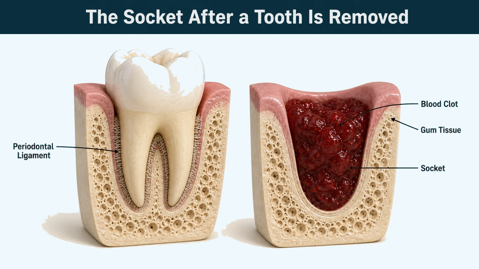 Two cutaway jaw sections side by side: a molar in its bony socket with ligament fibres between root and bone, and the same site after removal with a clot in the empty socket. Labelled: periodontal ligament, socket, blood clot and gum tissue.