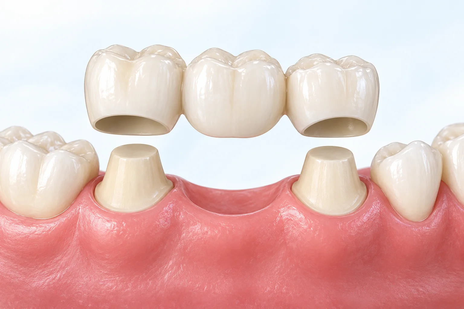 Illustration of a three-unit dental bridge above prepared supporting teeth