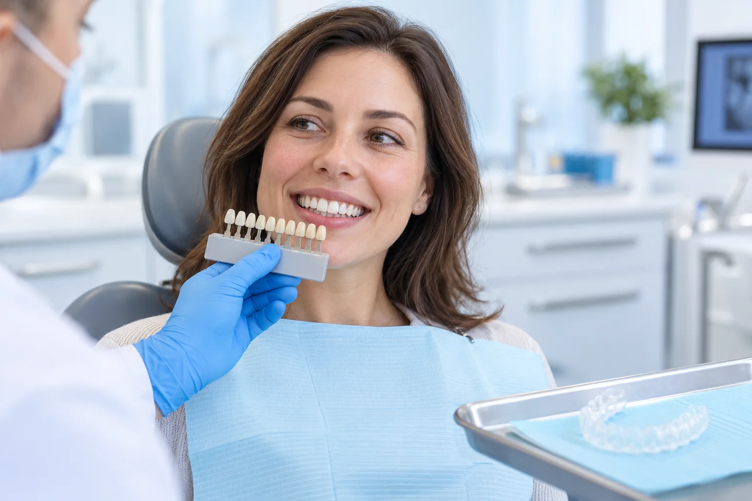 Dentist comparing tooth shades with a patient during a whitening consultation